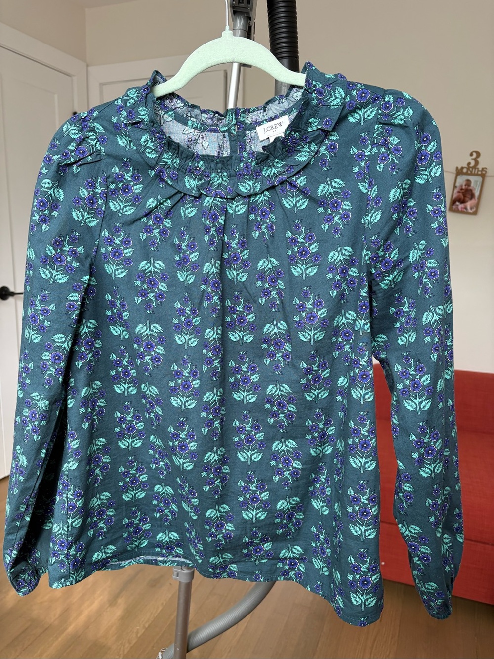J. Crew Teal Floral Ruffle-Neck Blouse